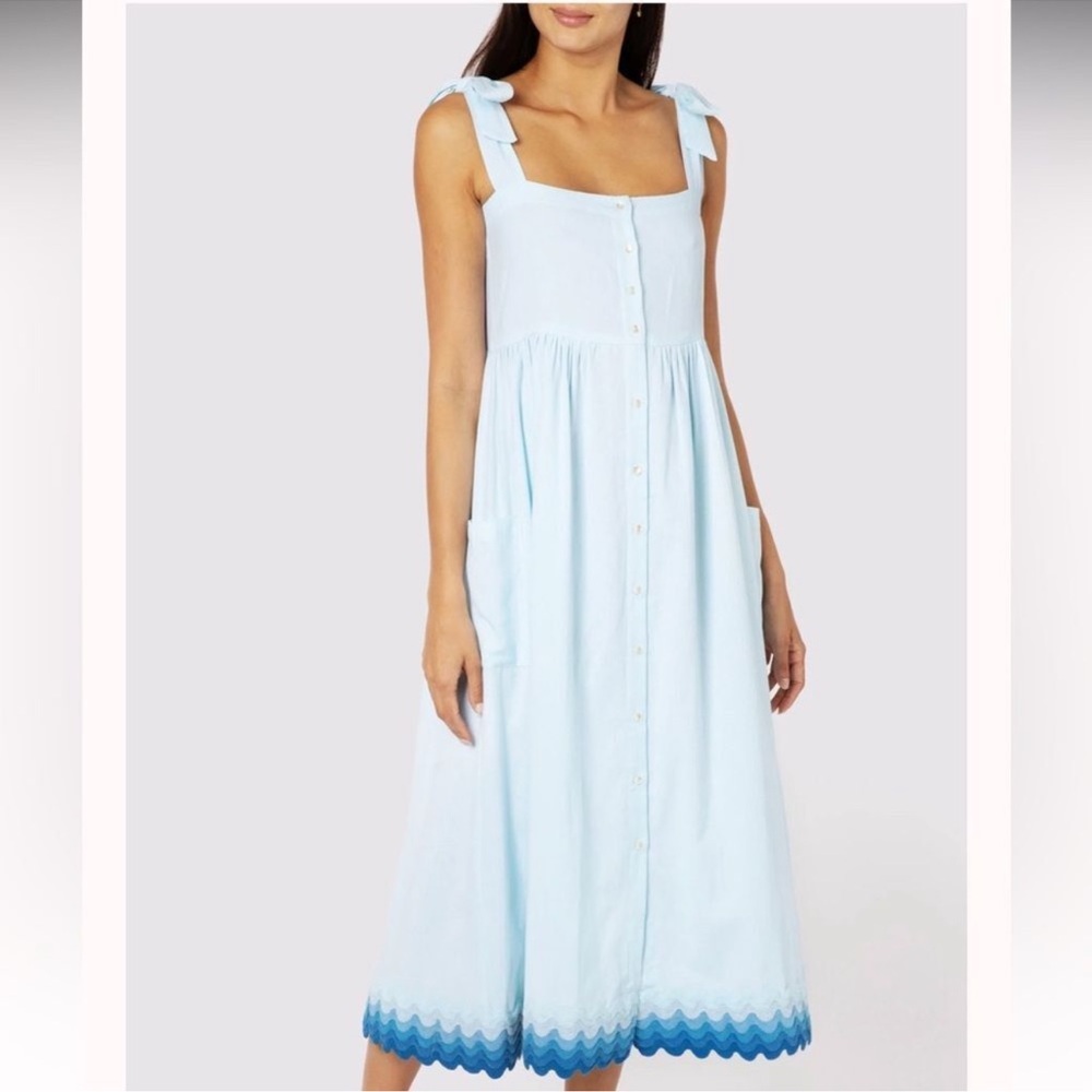 Juliet Dunn Tie Shoulder Dress Midi Tonal Cotton Ric Rac Blue Size Medium - Picture 9 of 9